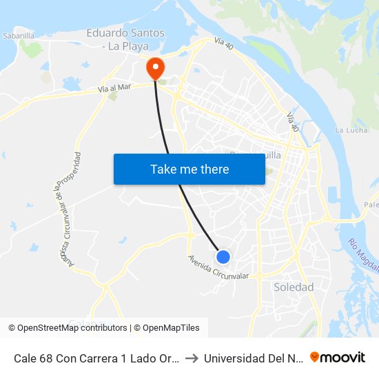 Cale 68 Con Carrera 1 Lado Oriental to Universidad Del Norte map