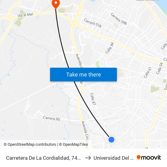 Carretera De La Cordialidad, 7439-74159 to Universidad Del Norte map