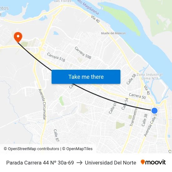 Parada Carrera 44 Nº 30a-69 to Universidad Del Norte map