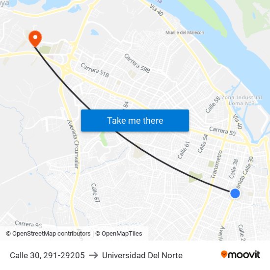 Calle 30, 291-29205 to Universidad Del Norte map