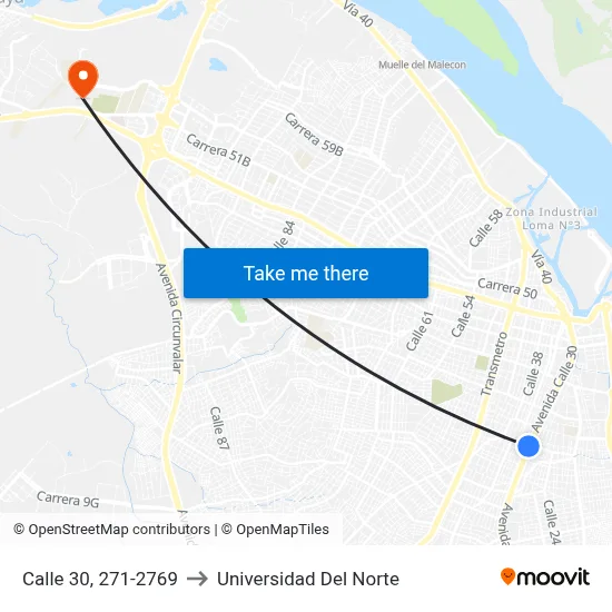 Calle 30, 271-2769 to Universidad Del Norte map