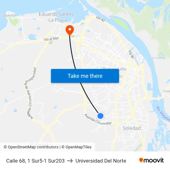 Calle 68, 1 Sur5-1 Sur203 to Universidad Del Norte map