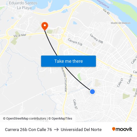 Carrera 26b Con Calle 76 to Universidad Del Norte map