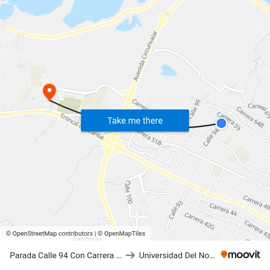 Parada Calle 94 Con Carrera 57 to Universidad Del Norte map