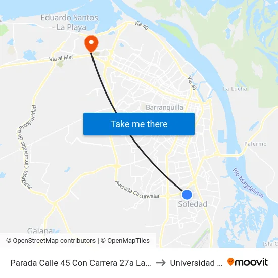 Parada Calle 45 Con Carrera 27a Lado Occidental Soledad to Universidad Del Norte map