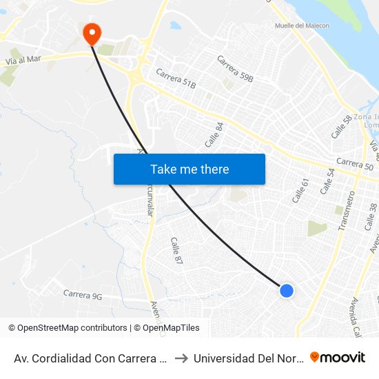 Av. Cordialidad Con Carrera 14 to Universidad Del Norte map