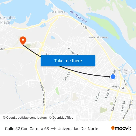 Calle 52 Con Carrera 63 to Universidad Del Norte map