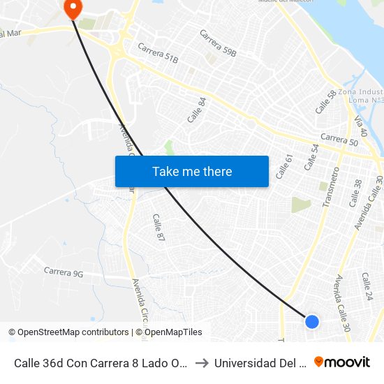 Calle 36d Con Carrera 8 Lado Occidental to Universidad Del Norte map