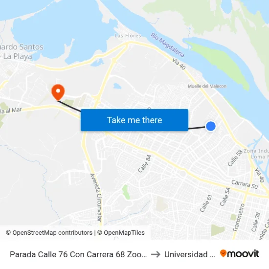 Parada Calle 76 Con Carrera 68 Zoológico De Barranquilla to Universidad Del Norte map