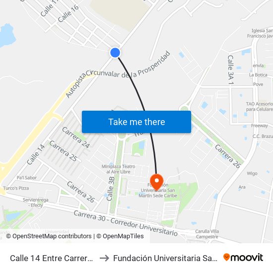 Calle 14 Entre Carrera 13 Y Carrera 20 to Fundación Universitaria San Martín Sede Caribe map