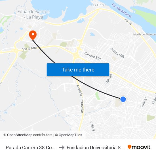 Parada Carrera 38 Con Calle 72 Lado Sur to Fundación Universitaria San Martín Sede Caribe map