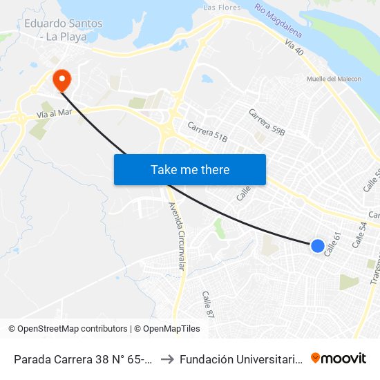 Parada Carrera 38 N° 65-85 Club De Leones Lado Sur to Fundación Universitaria San Martín Sede Caribe map