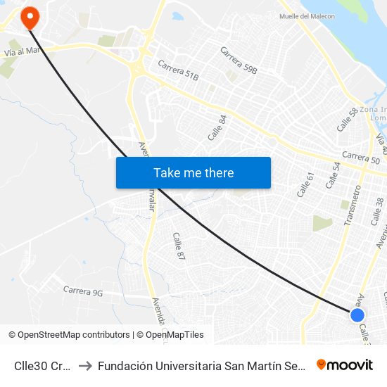 Clle30 Cra14 to Fundación Universitaria San Martín Sede Caribe map