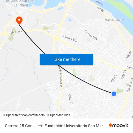 Carrera 25 Con Calle 55 to Fundación Universitaria San Martín Sede Caribe map