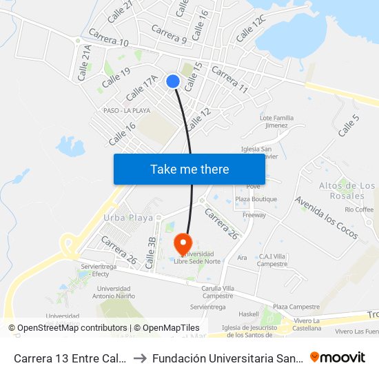 Carrera 13 Entre Calle 14 Y Calle 17 to Fundación Universitaria San Martín Sede Caribe map