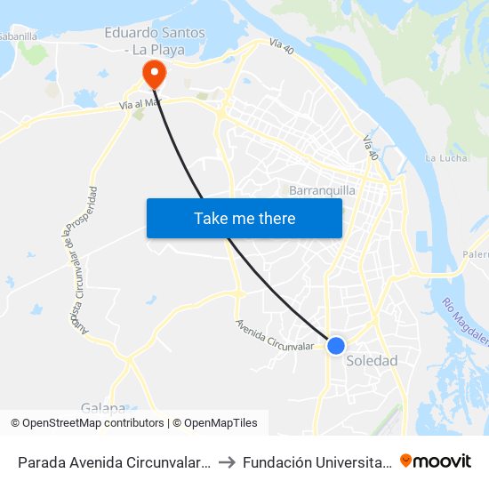 Parada Avenida Circunvalar - Éxito Metropolitano Lado Norte to Fundación Universitaria San Martín Sede Caribe map