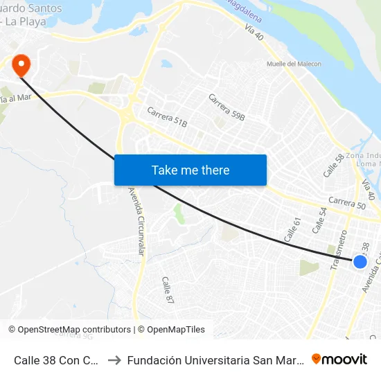 Calle 38 Con Carrera 35 to Fundación Universitaria San Martín Sede Caribe map
