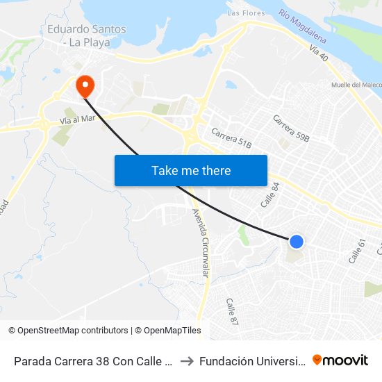 Parada Carrera 38 Con Calle 74 Centro Comercial Americano Lado Sur to Fundación Universitaria San Martín Sede Caribe map