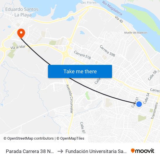 Parada Carrera 38 N° 57-53 Lado Sur to Fundación Universitaria San Martín Sede Caribe map