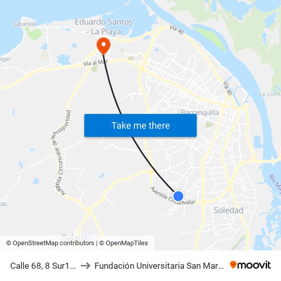 Calle 68, 8 Sur1-8 Sur81 to Fundación Universitaria San Martín Sede Caribe map