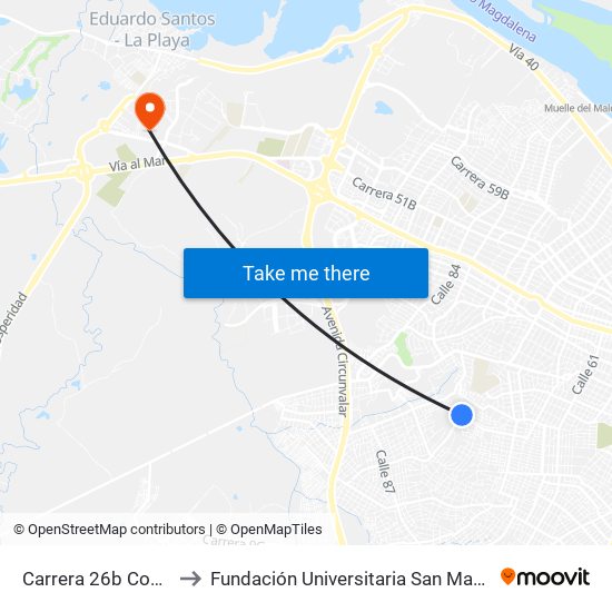 Carrera 26b Con Calle 76 to Fundación Universitaria San Martín Sede Caribe map