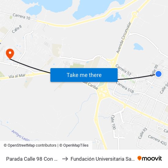 Parada Calle 98 Con Carrera 57 Mall 98 to Fundación Universitaria San Martín Sede Caribe map