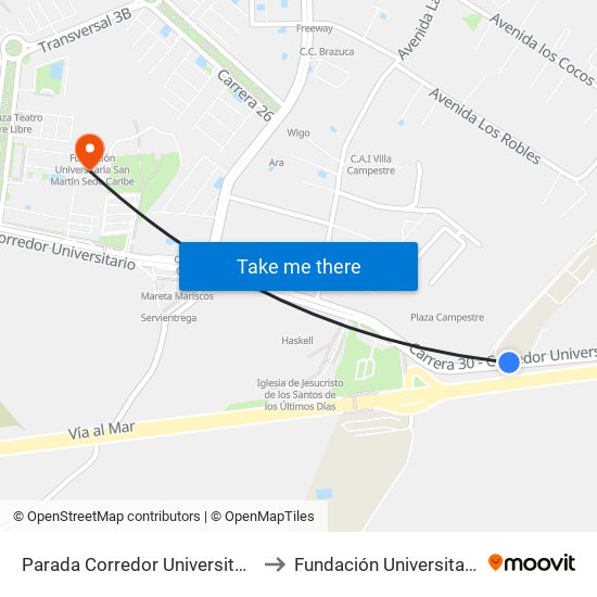 Parada Corredor Universitario Colegio Británico Lado Norte to Fundación Universitaria San Martín Sede Caribe map
