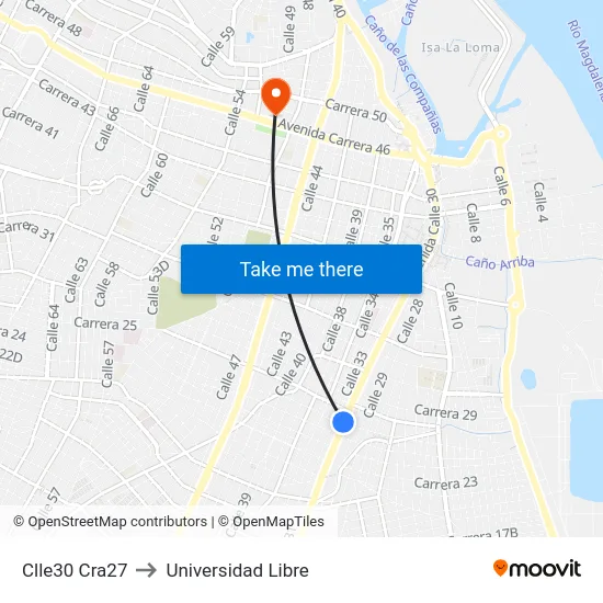 Clle30 Cra27 to Universidad Libre map