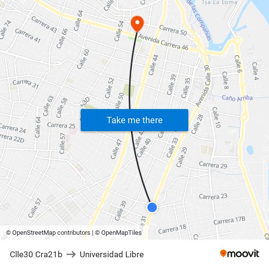 Clle30 Cra21b to Universidad Libre map