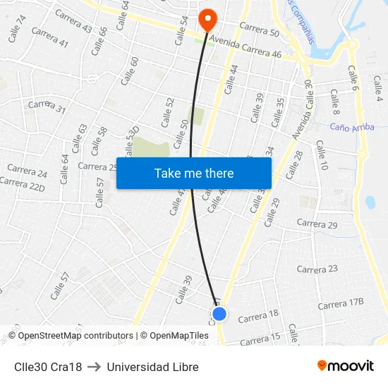 Clle30 Cra18 to Universidad Libre map