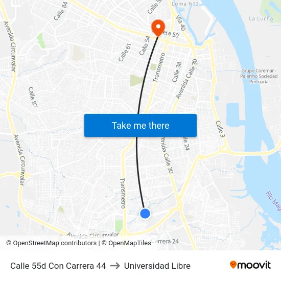 Calle 55d Con Carrera 44 to Universidad Libre map