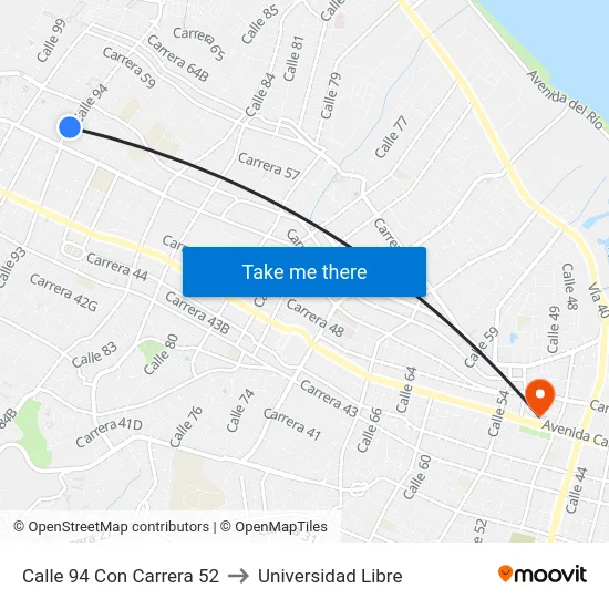 Calle 94 Con Carrera 52 to Universidad Libre map