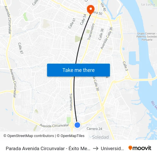 Parada Avenida Circunvalar - Éxito Metropolitano Lado Sur to Universidad Libre map