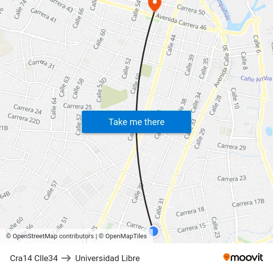 Cra14 Clle34 to Universidad Libre map