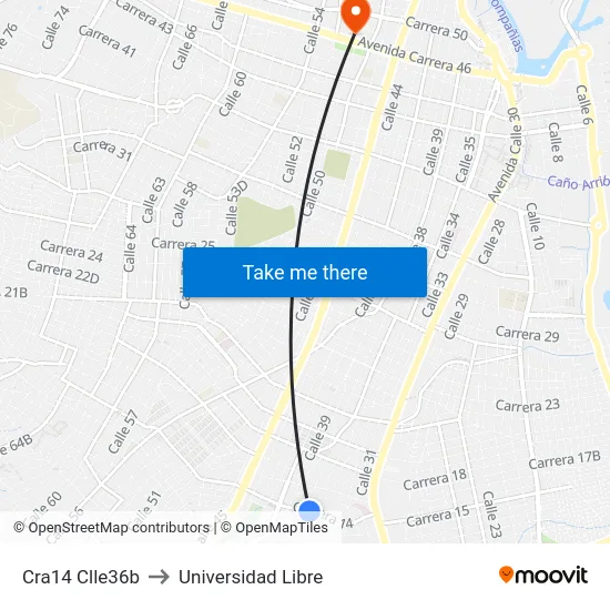 Cra14 Clle36b to Universidad Libre map