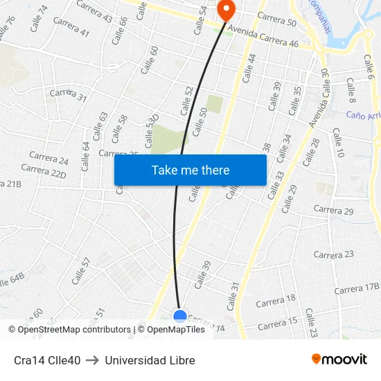 Cra14 Clle40 to Universidad Libre map