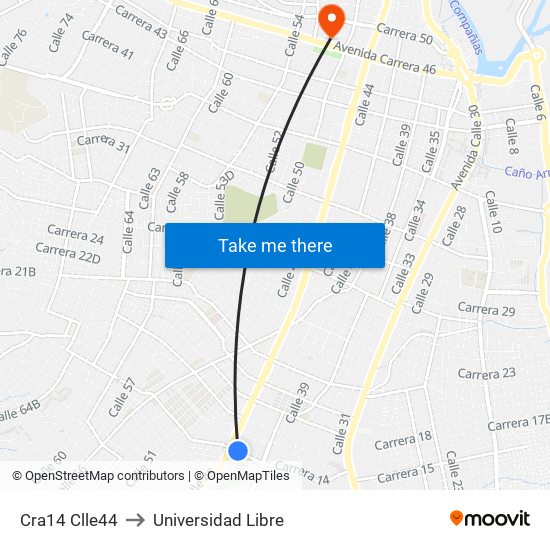 Cra14 Clle44 to Universidad Libre map