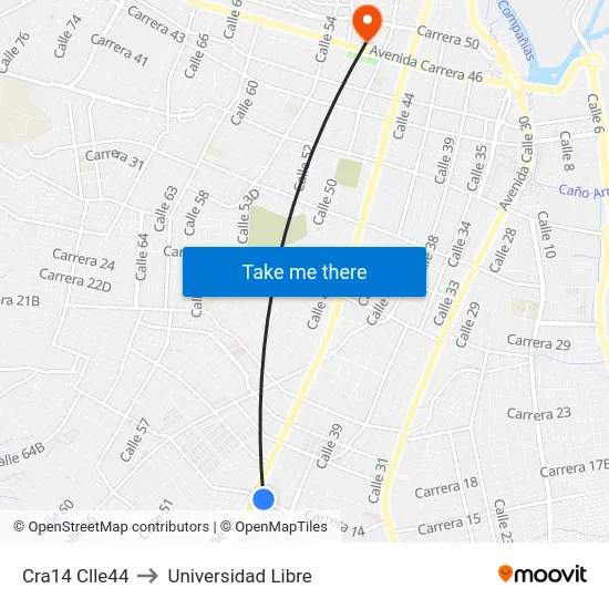 Cra14 Clle44 to Universidad Libre map