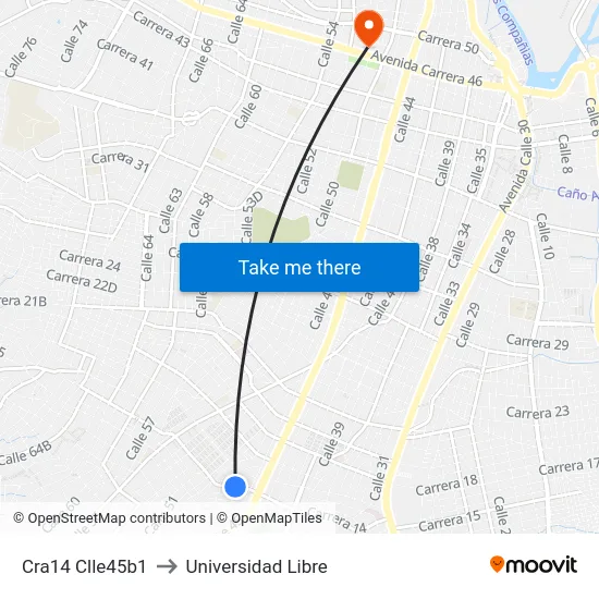 Cra14 Clle45b1 to Universidad Libre map