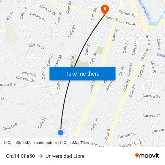 Cra14 Clle50 to Universidad Libre map