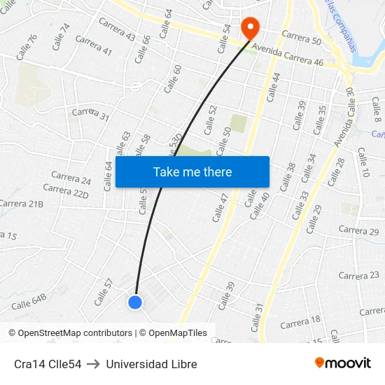Cra14 Clle54 to Universidad Libre map