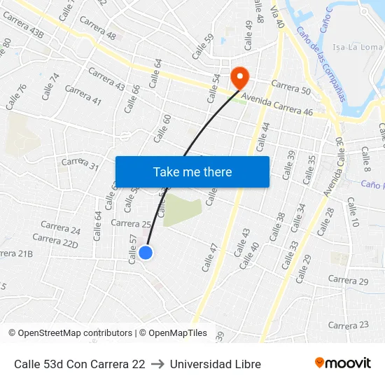 Calle 53d Con Carrera 22 to Universidad Libre map
