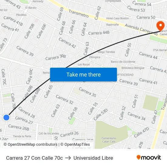 Carrera 27 Con Calle 70c to Universidad Libre map