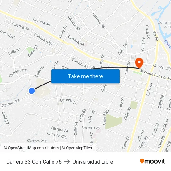Carrera 33 Con Calle 76 to Universidad Libre map
