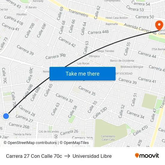 Carrera 27 Con Calle 70c to Universidad Libre map