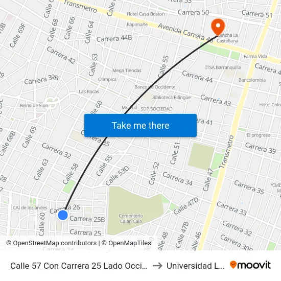Calle 57 Con Carrera 25 Lado Occidental to Universidad Libre map