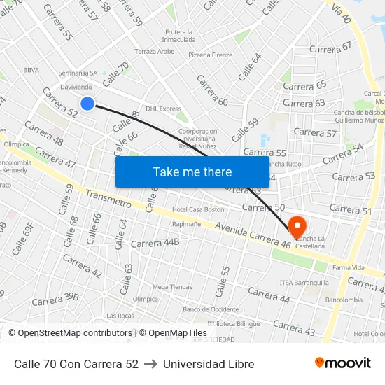 Calle 70 Con Carrera 52 to Universidad Libre map