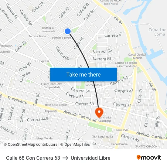 Calle 68 Con Carrera 63 to Universidad Libre map