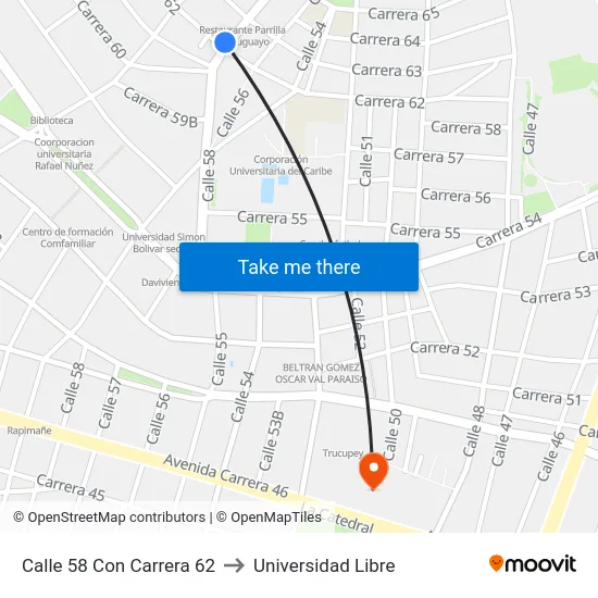 Calle 58 Con Carrera 62 to Universidad Libre map