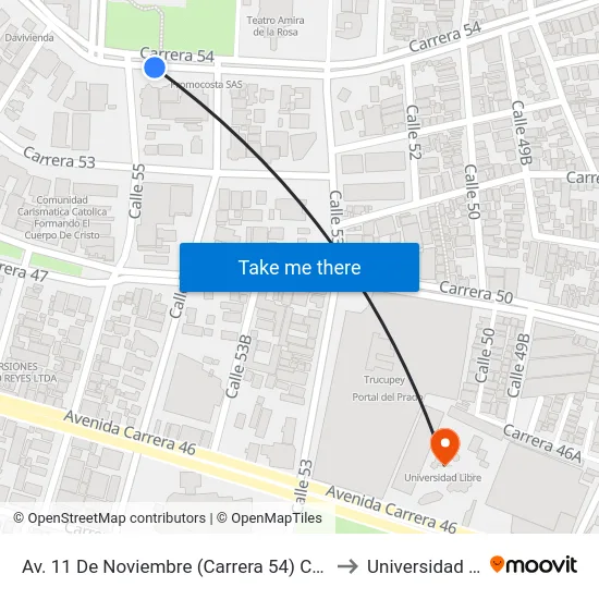 Av. 11 De Noviembre (Carrera 54) Con Calle 54 to Universidad Libre map